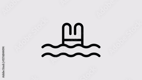 Simple black line art icon of a swimming pool ladder emerging from wavy water
