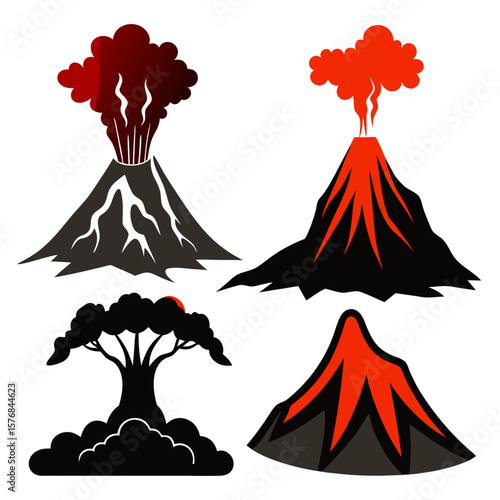 Four volcano eruptions with smoke and lava flows fire