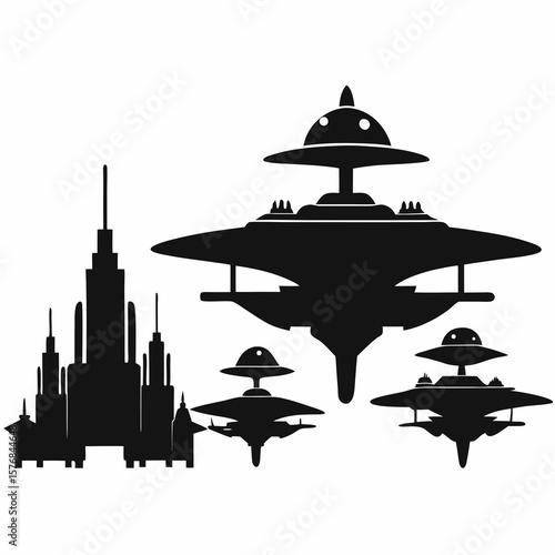 Futuristic spacecraft fleet with towering city structures spaceship sci fi