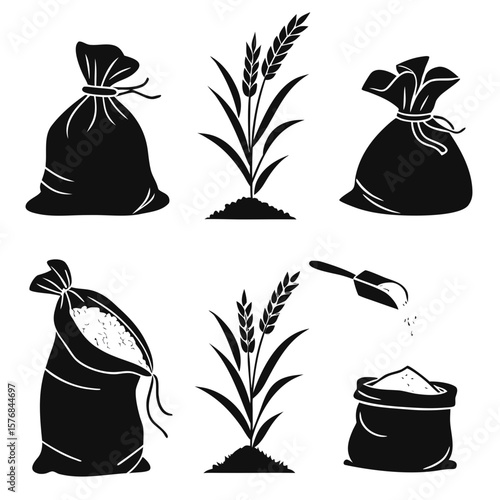 Grain sacks and wheat stalks harvest agriculture