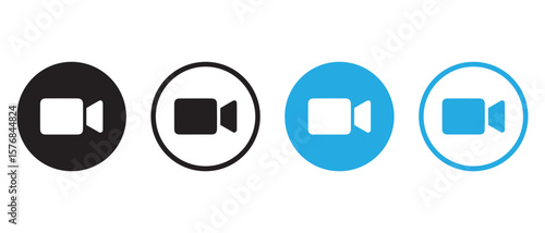 Minimal Video Camera Icon Set – Modern Flat Symbols in Black, White, and Blue Styles.