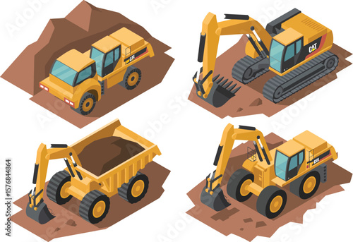 Isometric view of yellow construction vehicles including excavators and dump truck