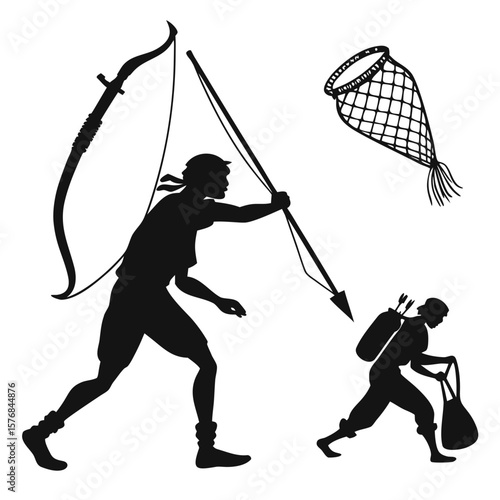 Hunters with bow spear net and bag hunting arrow
