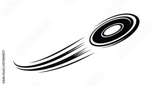 Stylized black frisbee disc in motion with speed lines on a white background