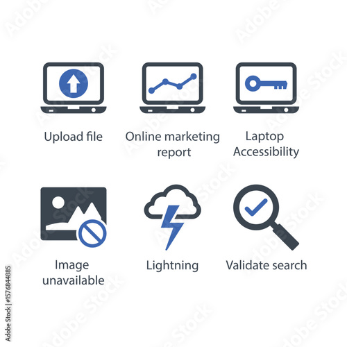 Upload file, Marketing report, Laptop Accessibility, Image unavailable, Lightning, Validate search, icon