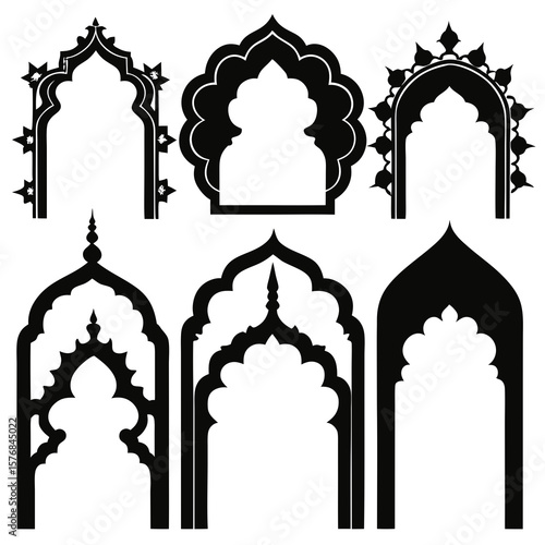 Islamic arch frames decorative ornamental black silhouettes border