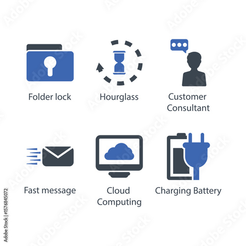 Folder lock, Hourglass, Customer consultant, Fast message, Cloud computing, Charging Battery, icon
