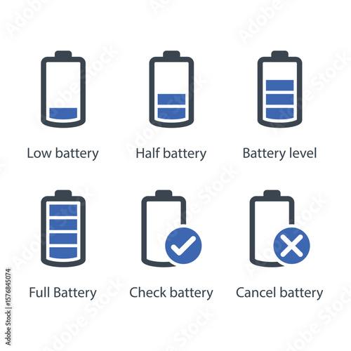 Low, Half, level, Full, Check battery, Cancel battery, icon