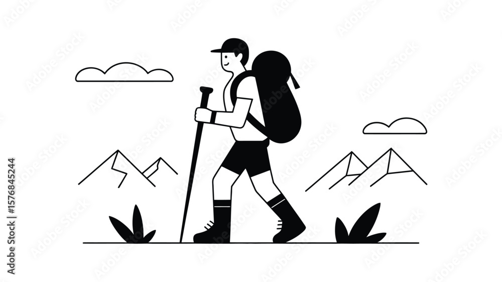 Obraz premium Man hiking with backpack and poles through mountains and clouds in simple line art style