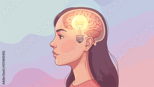 Illuminated Mind: Woman's Profile with Glowing Lightbulb Brain