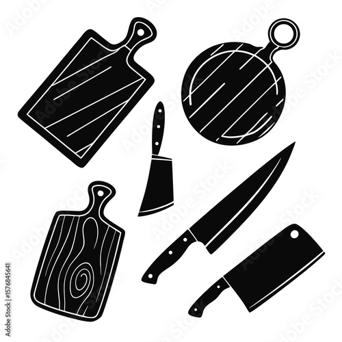 Kitchen cutting boards and knives silhouettes kitchenware cooking