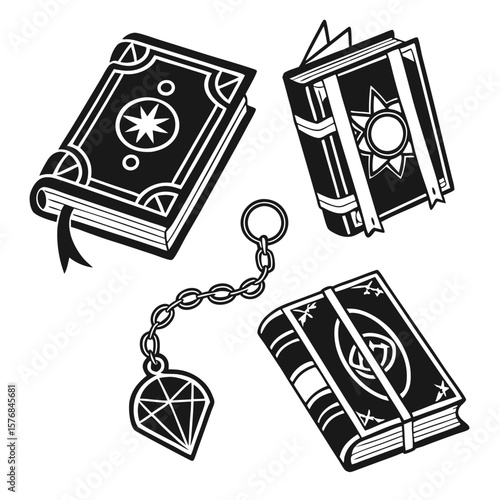 Magical spellbooks and charm on white background fantasy