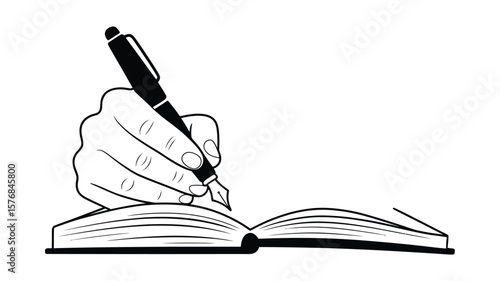 Hand holding a fountain pen writing in an open book illustration