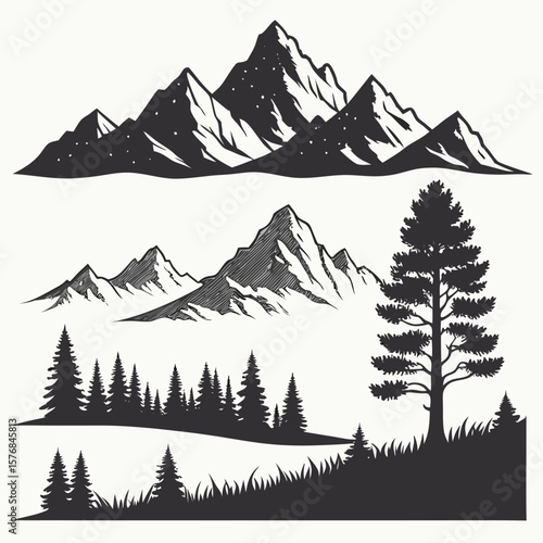 Majestic mountain peaks and pine forest silhouettes tree
