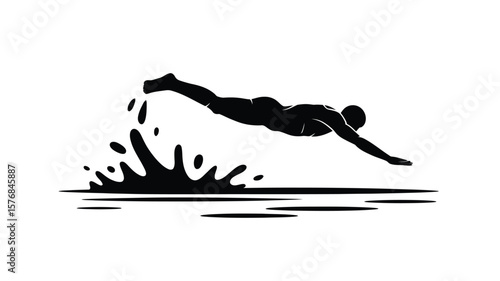 Silhouette of a swimmer diving into water with splashes