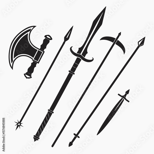 Medieval battle weapons collection axe halberd spear sword mace medieval weapons