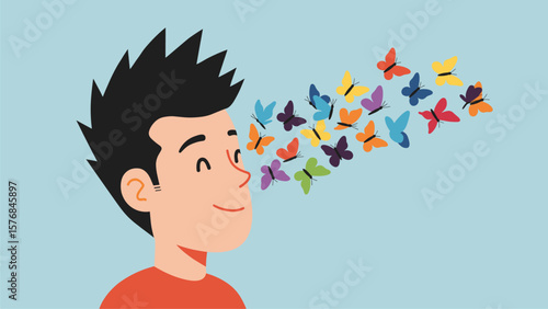 Joyful Boy Surrounded by Colorful Butterflies