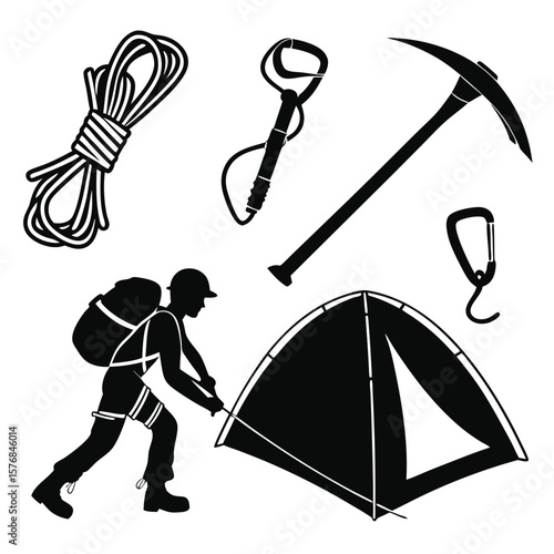 Mountain climber setting up tent with gear mountain climbing rope