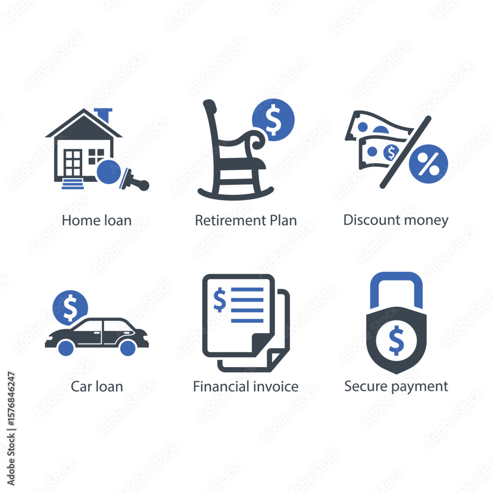 Fototapeta premium Home loan, Retirement Plan, Discount money, Car loan, financial invoice, Secure payment, icon