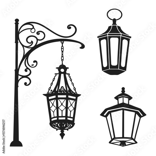 Ornate lanterns hanging from decorative post vector