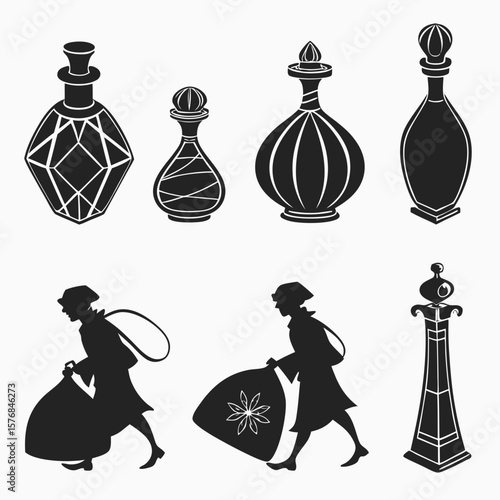 Ornate potion bottles and figures carrying sacks silhouettes