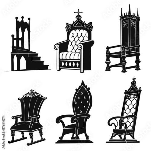 Ornate royal thrones and architectural seating king queen