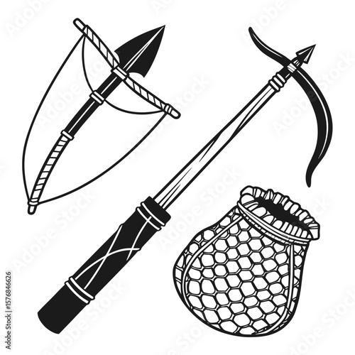 Primitive hunting tools bow spear net quiver arrow