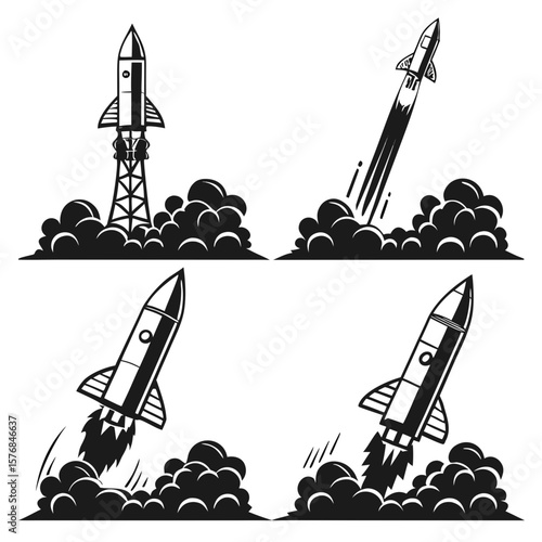 Rocket launch ascent blast off smoke clouds vector