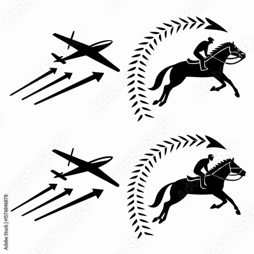 Silhouettes of airplane and horse rider with motion arrows and laurel wreath jockey