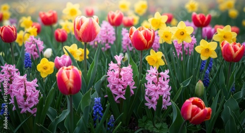 Vibrant Spring Flowers: Red Tulips, Yellow Daffodils and Pink Hyacinths
