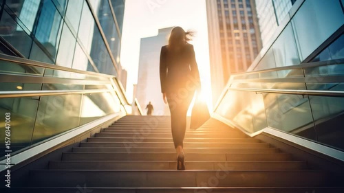 Businesswoman Ascends City Steps at Sunset