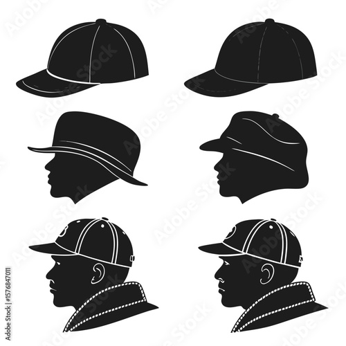 Six black hat silhouettes including baseball caps and profile views hats headwear