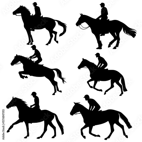 Six black horse rider silhouettes in various galloping poses horse riding equestrian