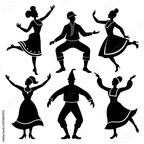Six black silhouettes of people dancing folk dances traditional
