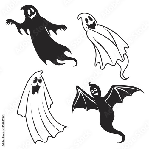 Spooky flying spectral beings with bat wings and flowing fabric ghost Halloween