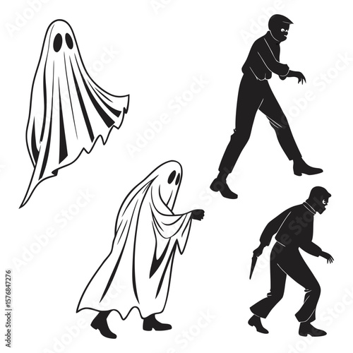 Spooky ghosts and fleeing figures in silhouette specter apparition