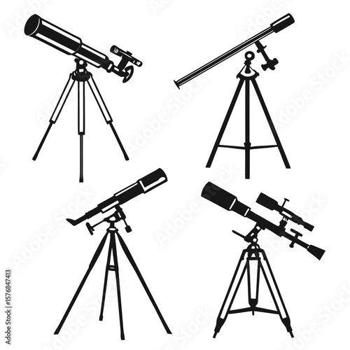 Telescopes and observatories black silhouettes on white observatory astronomy