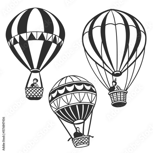 Three black hot air balloons with people in baskets travel adventure