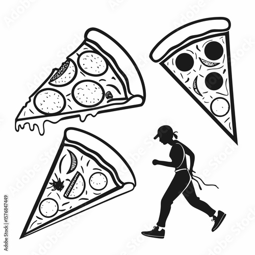 Three pizza slices and a running person silhouette pepperoni toppings