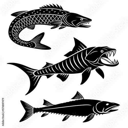 Three prehistoric fish silhouettes black and white ancient fish armored fish