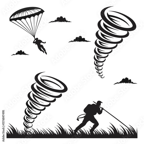 Tornadoes and skydiver with parachute in stormy weather cyclone skydiving