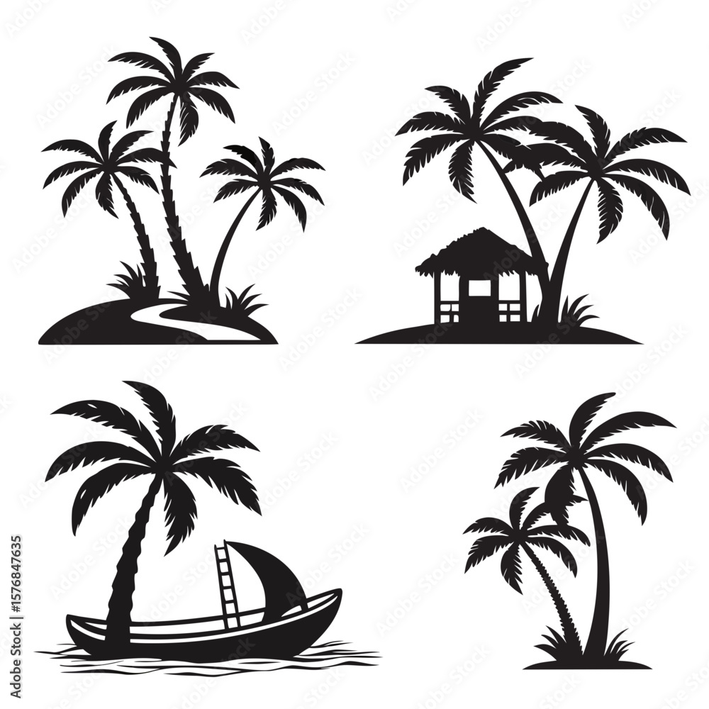 Tropical island scenes with palm trees and boat beach Tropical island scenes with palm trees and boat beach