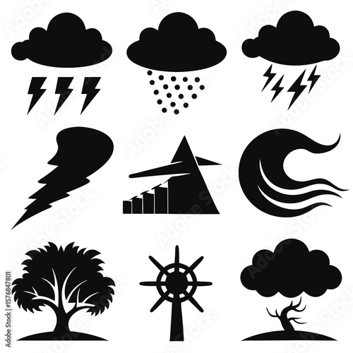 Weather hazard icons storm rain lightning wind wave tree vector