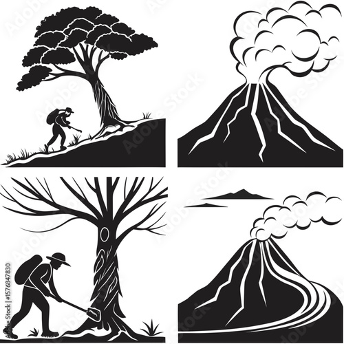 Volcano eruption and hiker exploring nature scenes lava smoke