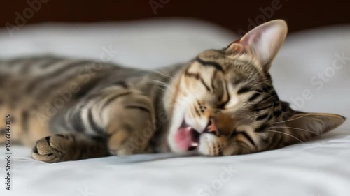 Wallpaper Mural Sleeping Brown Striped Cat Resting on White Bedding Peaceful Atmosphere Torontodigital.ca