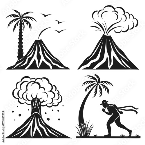 Volcano eruption palm trees and fleeing figure lava smoke