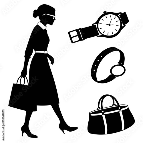 Woman with shopping bag and accessories wristwatch bracelet duffel bag silhouette