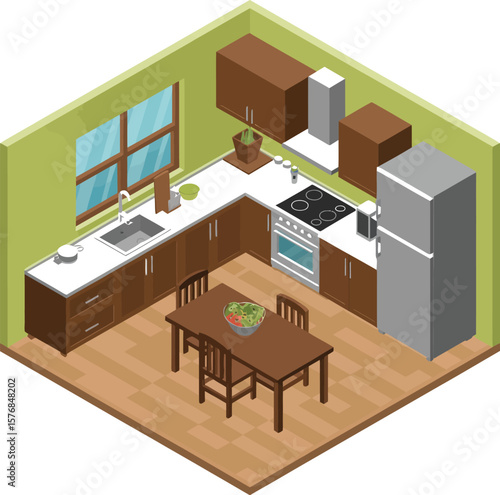 Isometric kitchen design with brown cabinets, table, chairs, and green accents
