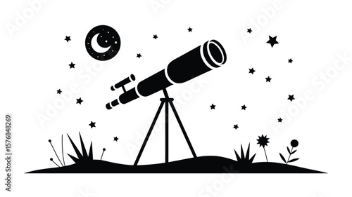 Telescope observing the starry night sky with a crescent moon and plants