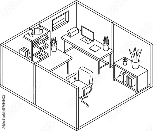 Isometric line drawing of office cubicle with desk chair and shelving units